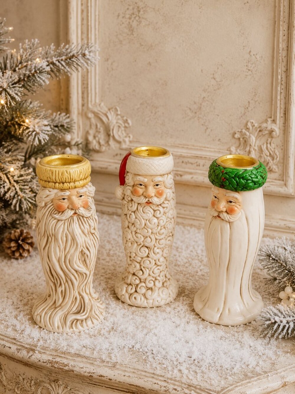Set of 3 Vintage Santa Claus Collectible Ceramic Candlestick Holders